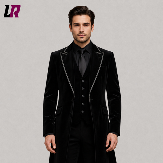 Close-up of men's black velvet Gothic frock coat suit featuring premium velvet fabric, elegant tailoring, and Victorian craftsmanship