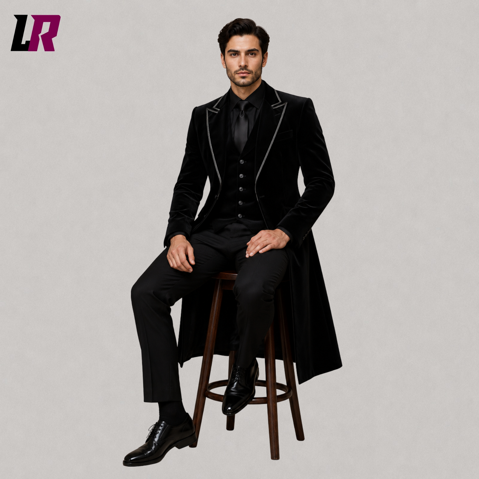 Man sitting on a stool wearing a black velvet Gothic Victorian frock coat suit for weddings and formal occasions