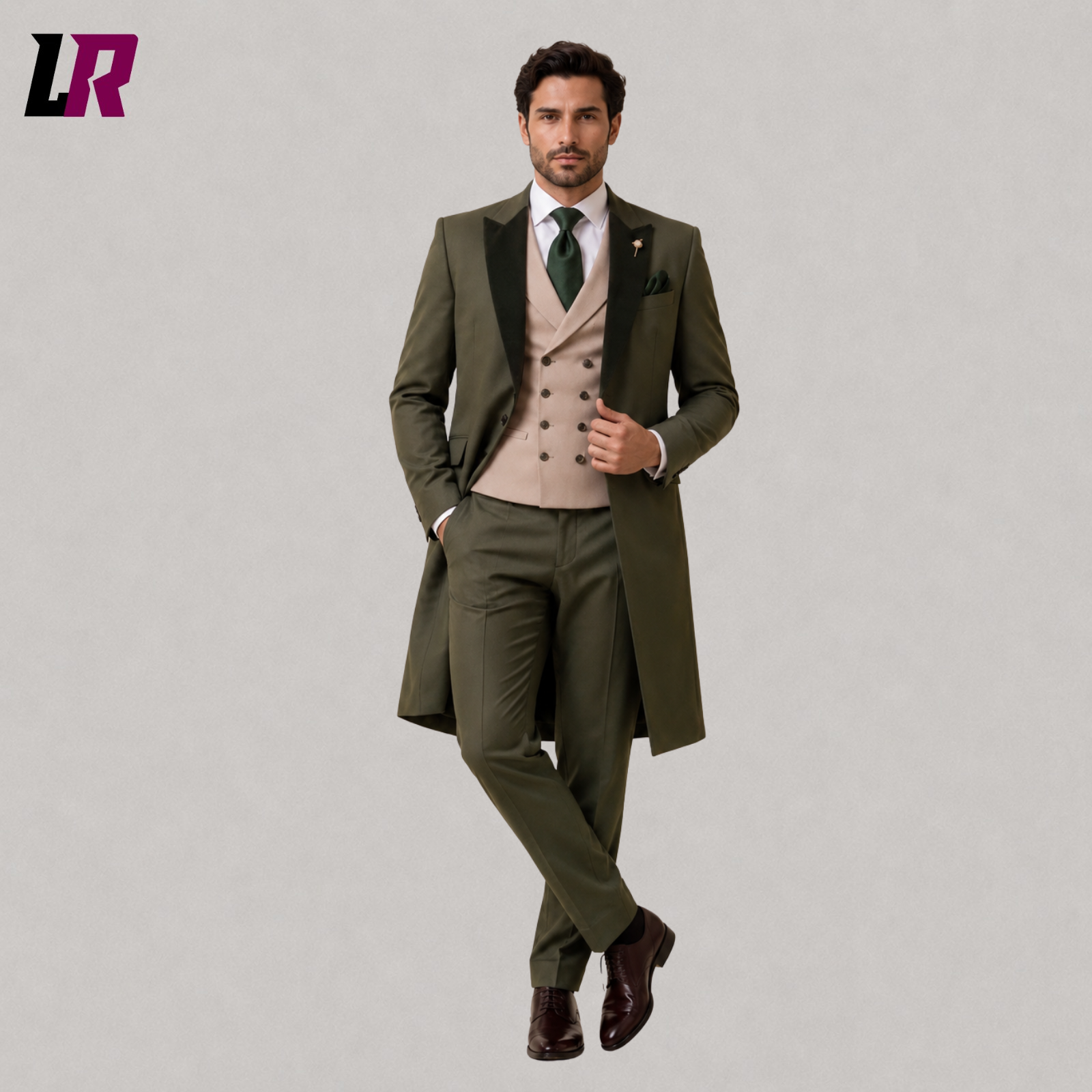 Front view of men's olive green groom tailcoat suit with matching waistcoat and tailored formal trousers