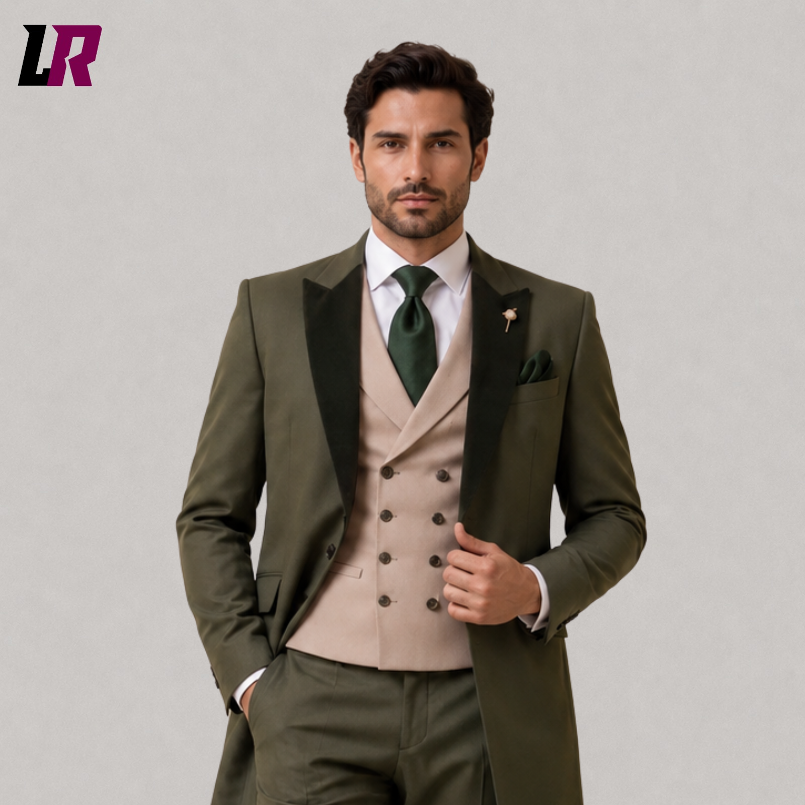 Close-up of men's olive green Victorian tailcoat suit featuring premium tailoring, elegant lapels, and luxury craftsmanship