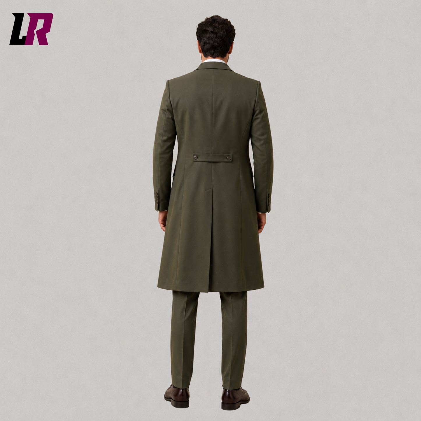 Back view of men's olive green Victorian morning suit showing the elegant long tailcoat silhouette