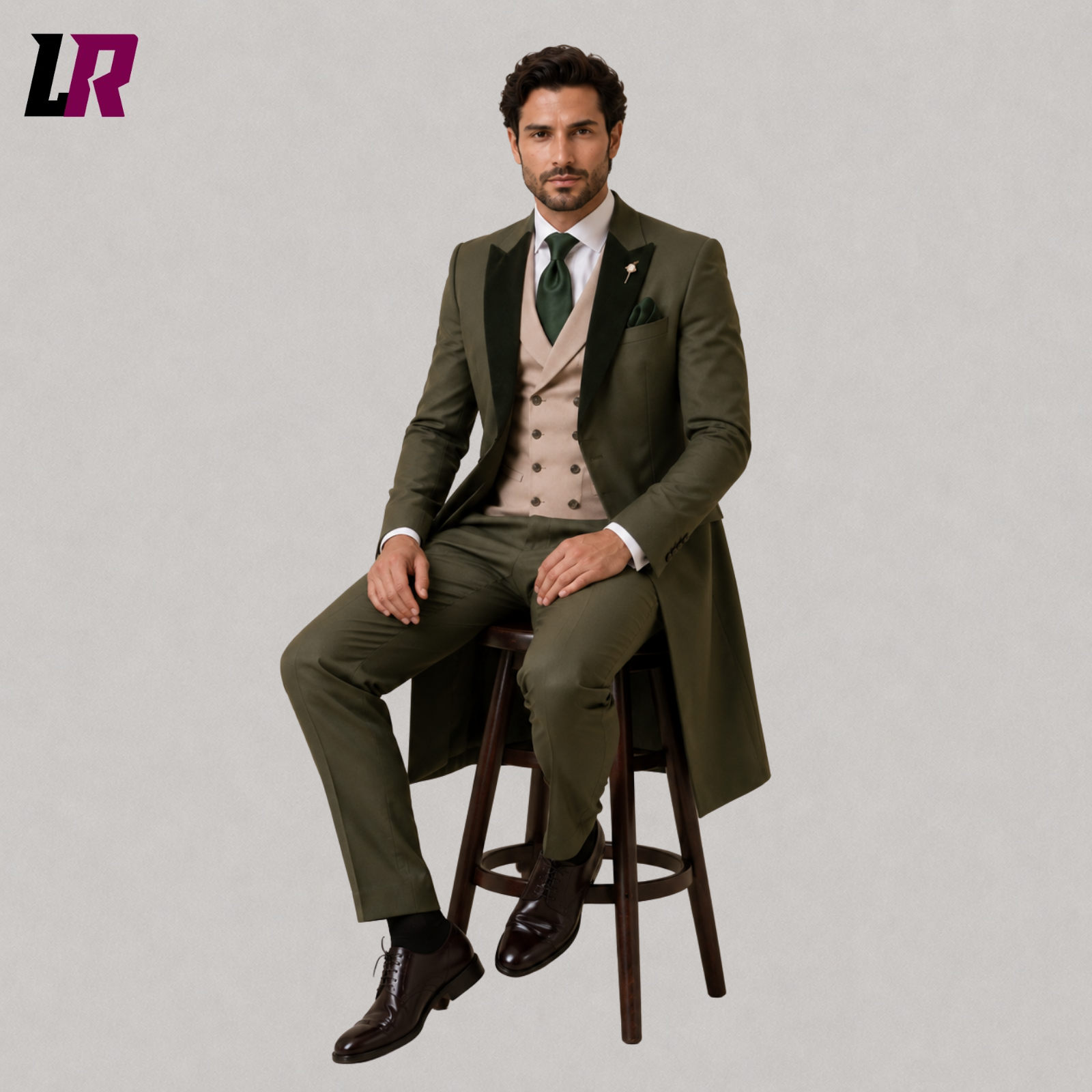 Man sitting on a stool wearing an olive green Victorian 3-piece groom tailcoat suit for weddings and formal occasions