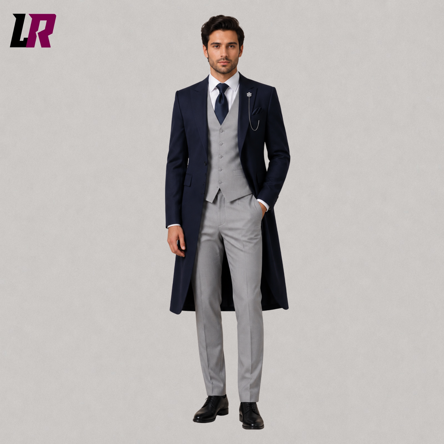Front view of men's navy blue Victorian 3-piece morning suit with matching waistcoat and tailored trousers