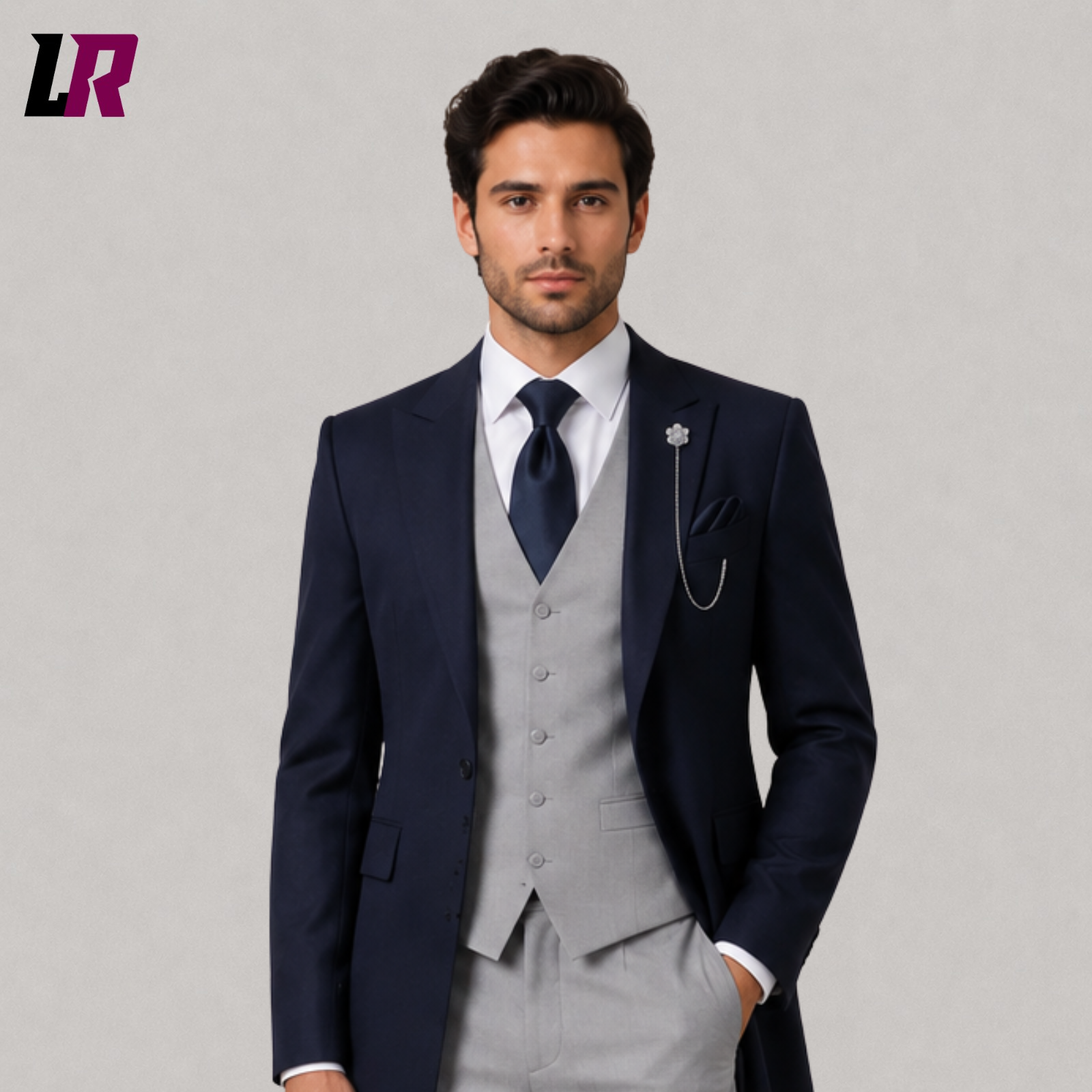 Close-up of men's navy blue Victorian morning suit featuring premium tailoring, elegant lapels, and luxury craftsmanship