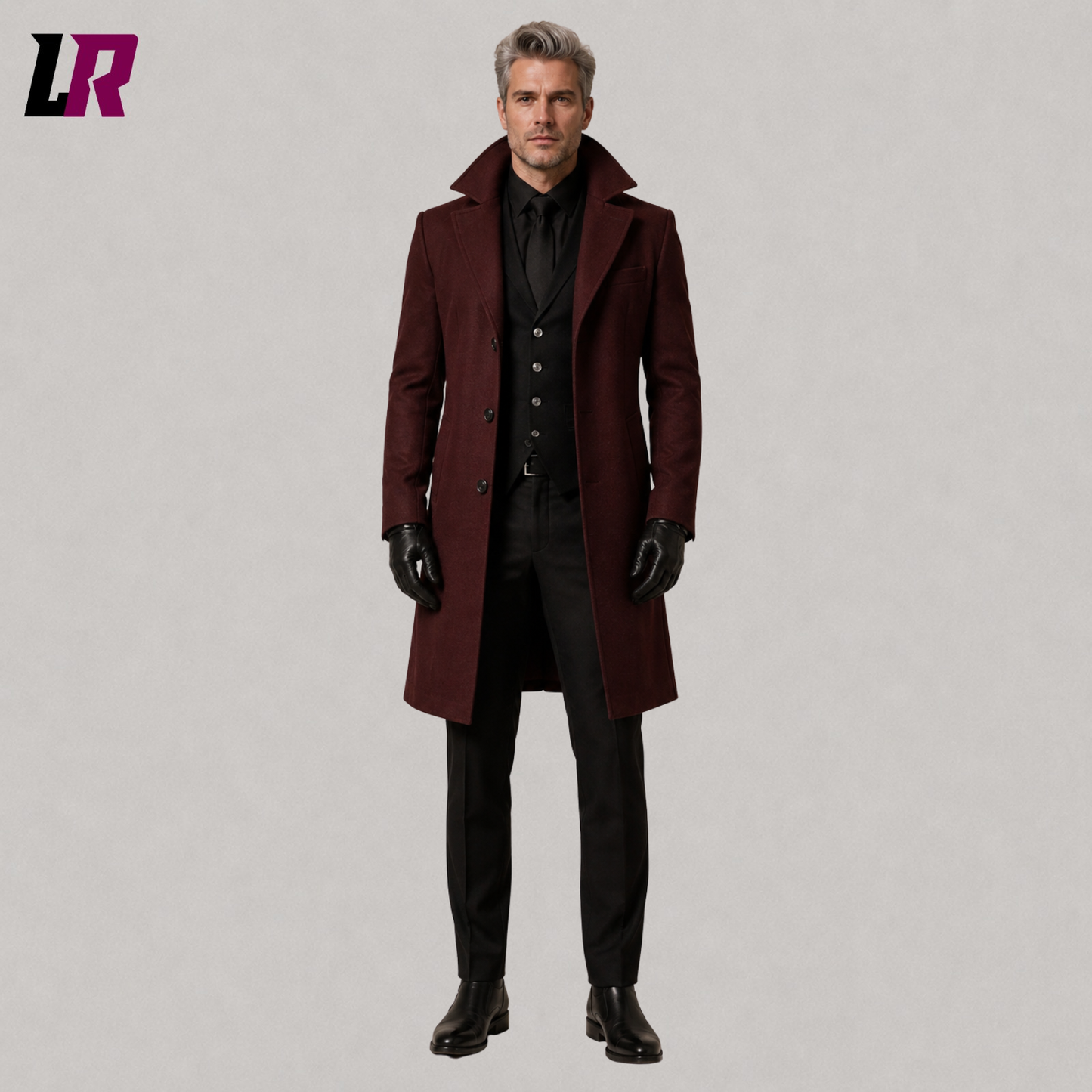 Front view of men's burgundy Victorian Gothic long overcoat with Regency aristocrat styling