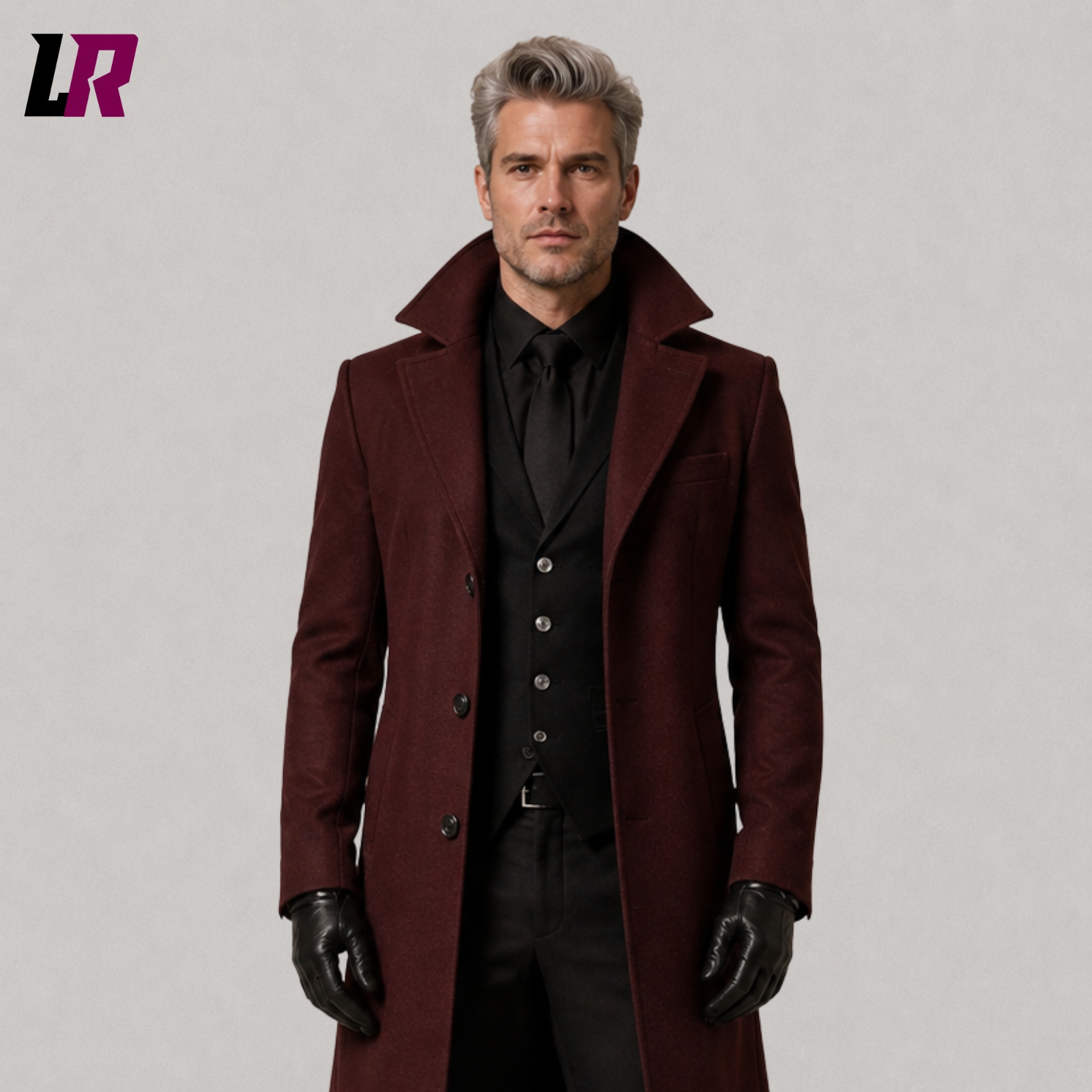 Close-up of men's burgundy Victorian Gothic overcoat featuring premium tailoring, elegant buttons, and luxury craftsmanship