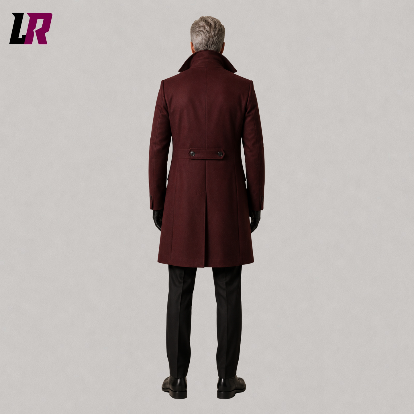 Back view of men's burgundy Victorian Gothic tailcoat showing the elegant long silhouette