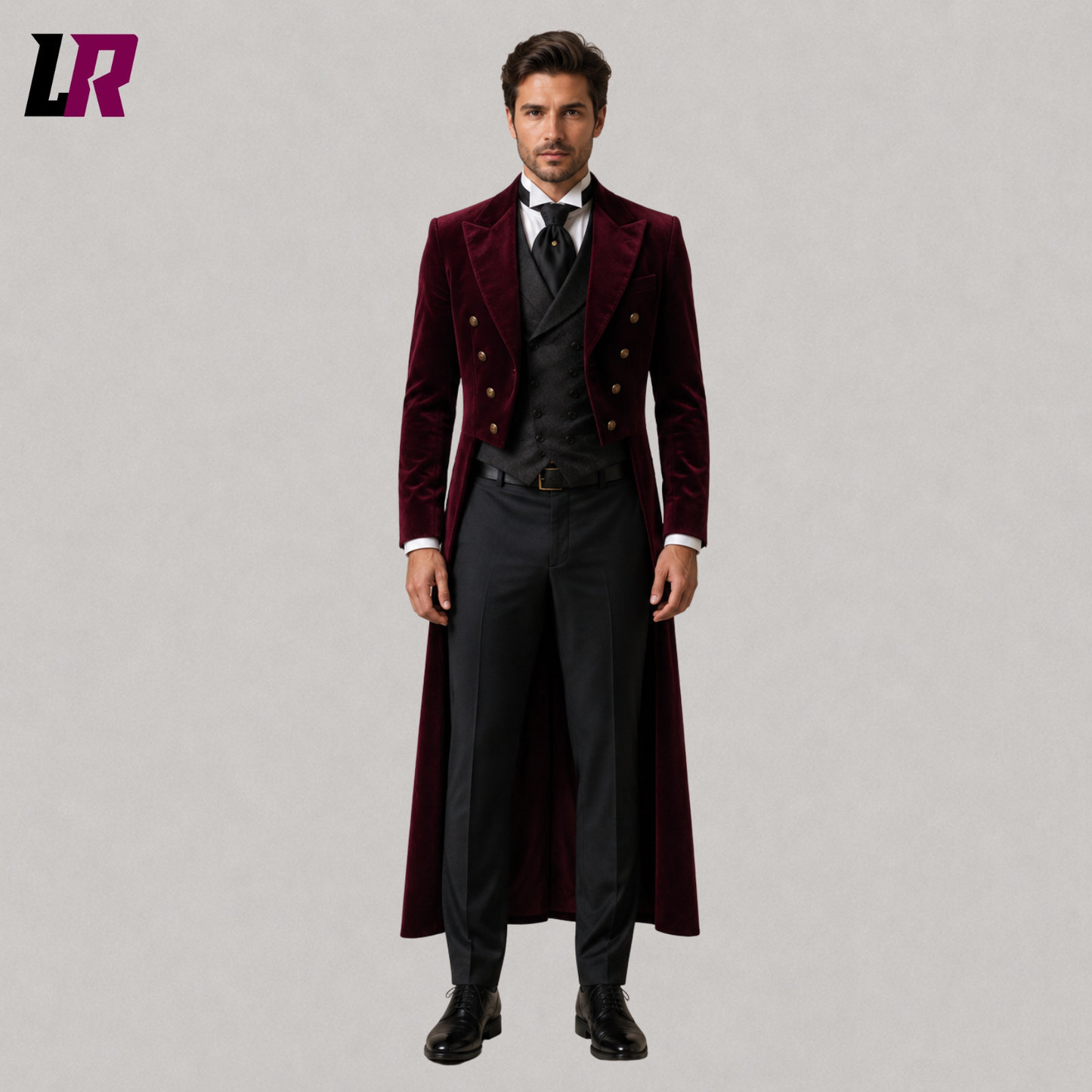 Front view of men's burgundy velvet Victorian groom tailcoat suit with matching waistcoat and tailored trousers
