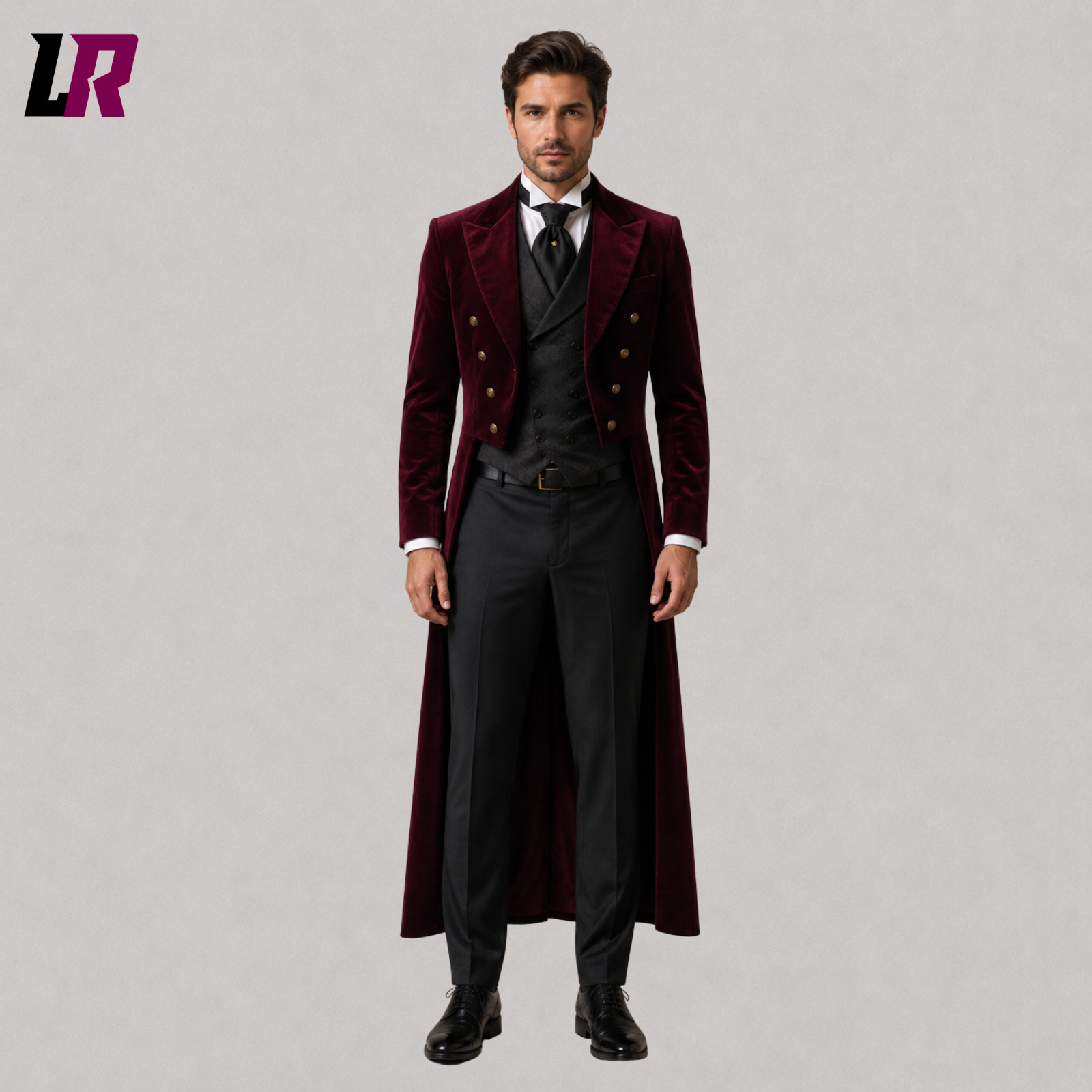Front view of men's burgundy velvet Victorian groom tailcoat suit with matching waistcoat and tailored trousers