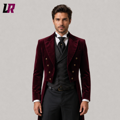 Men's Burgundy Velvet Victorian Tailcoat Suit | Groom Wedding Tuxedo
