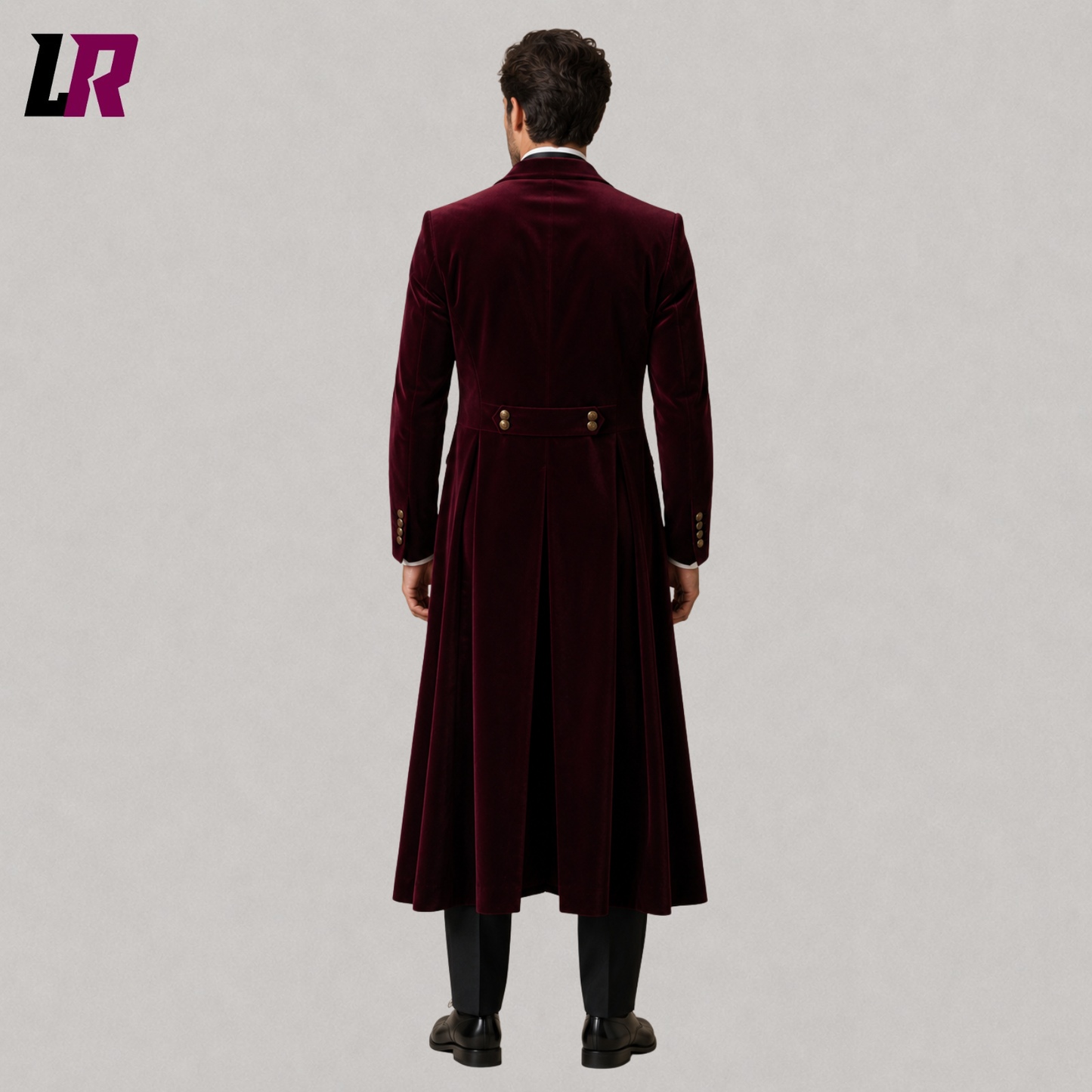 Back view of men's burgundy velvet Victorian tailcoat showing the elegant long coat silhouette