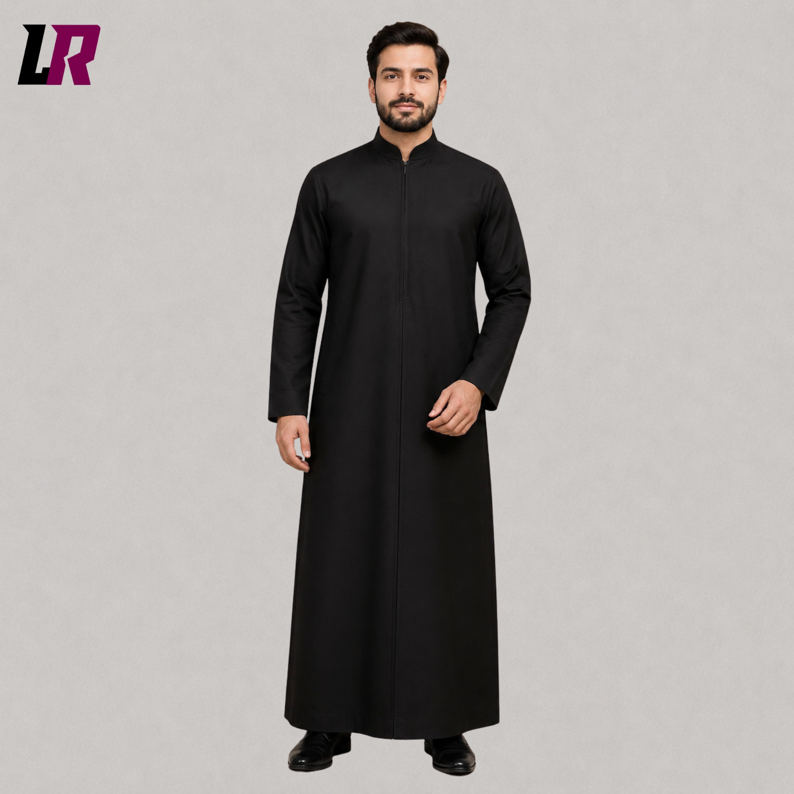 Front view of a black clergy cassock with zipper front showing a full-length tailored Roman Catholic priest robe