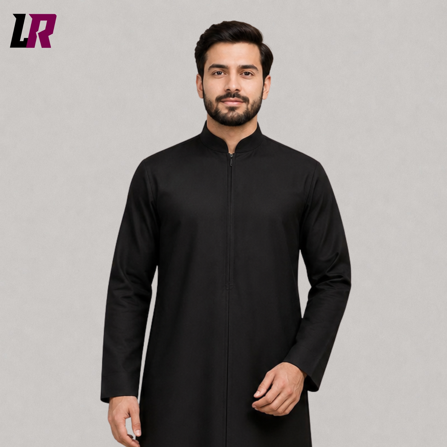 Close-up of black clergy cassock with front zipper featuring premium tailoring and elegant liturgical craftsmanship