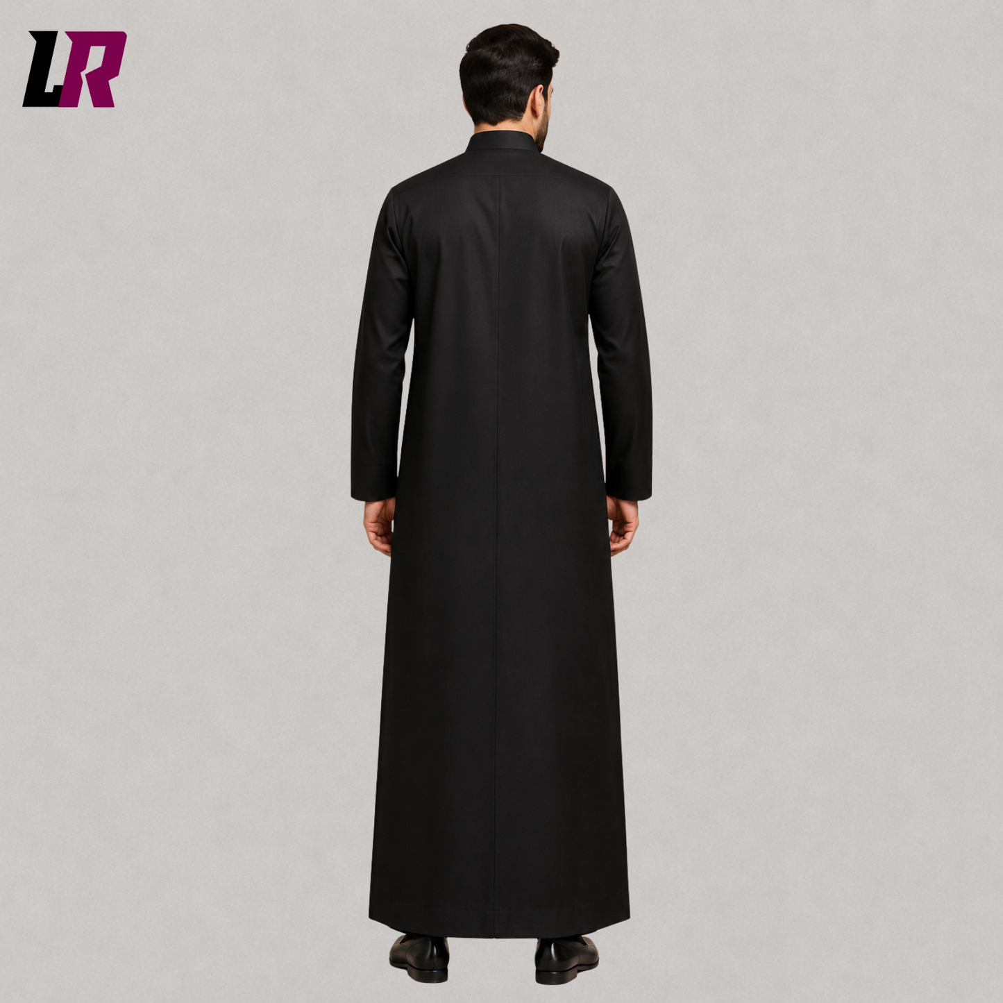 Back view of a black custom clergy cassock showing the elegant full-length tailored silhouette