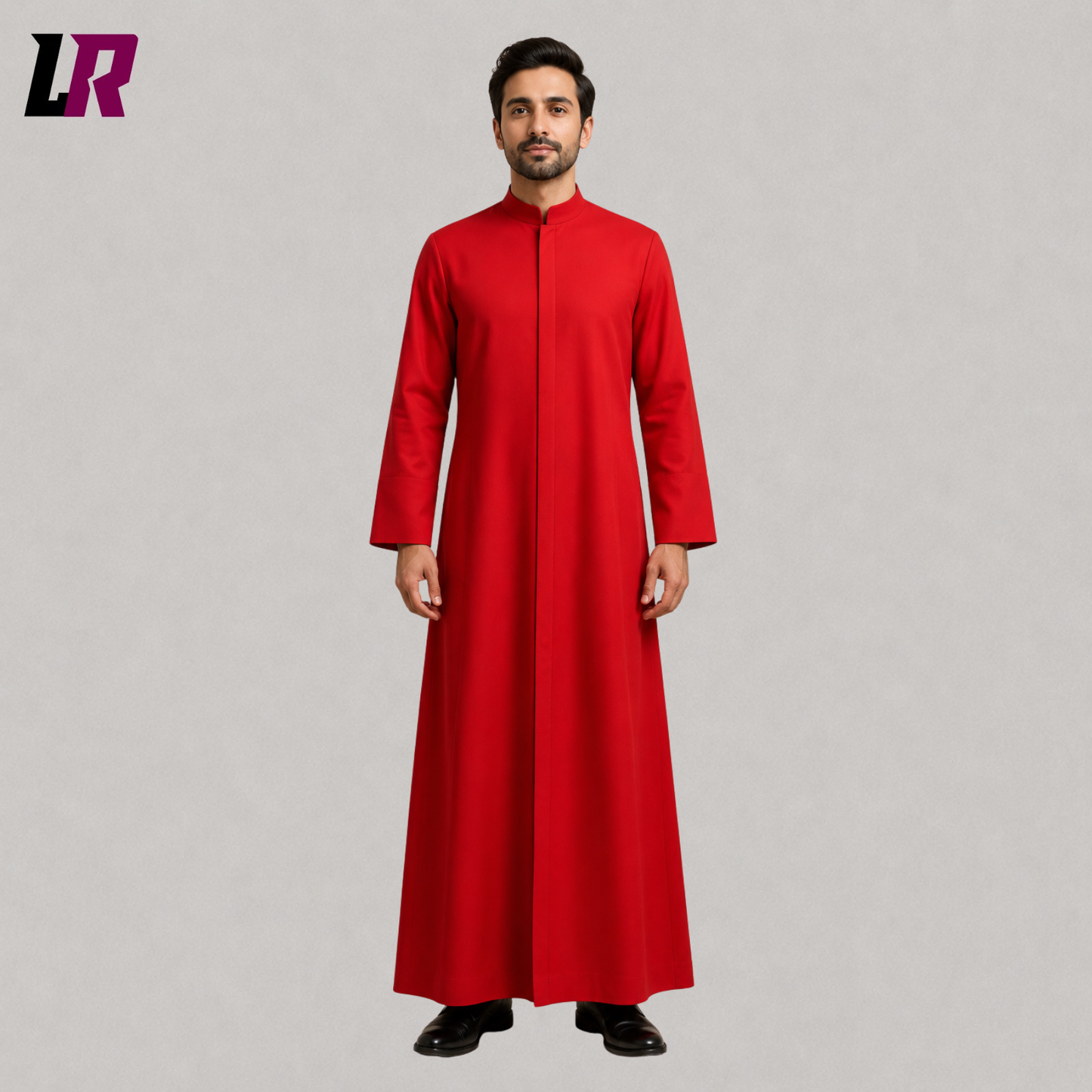 Front view of a men's red Anglican clergy cassock with a full-length tailored liturgical robe design