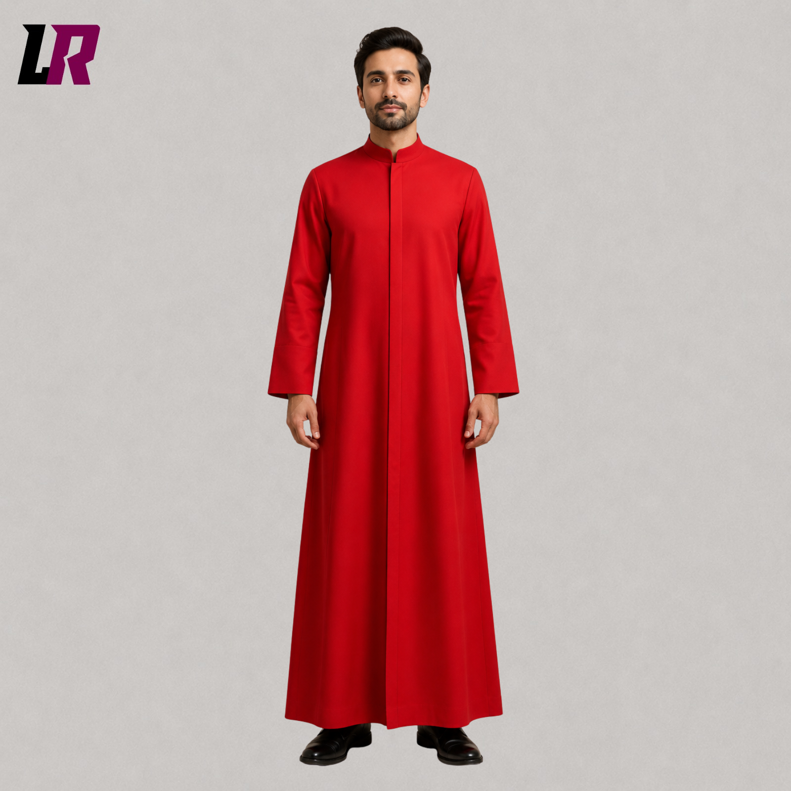 Front view of a men's red Anglican clergy cassock with a full-length tailored liturgical robe design