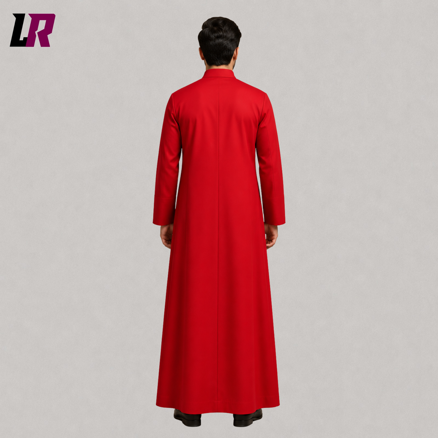 Back view of a red Anglican clergy cassock showing the elegant full-length tailored silhouette