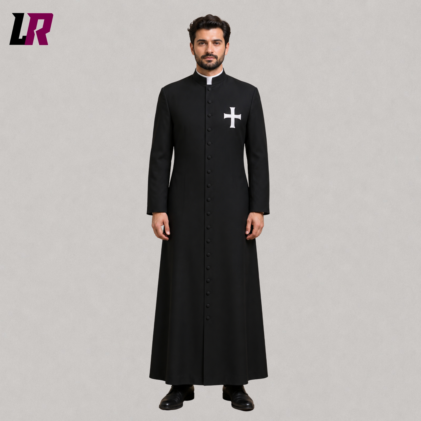 Front view of a handmade black priest cassock with an embroidered cross and full-length clergy robe design