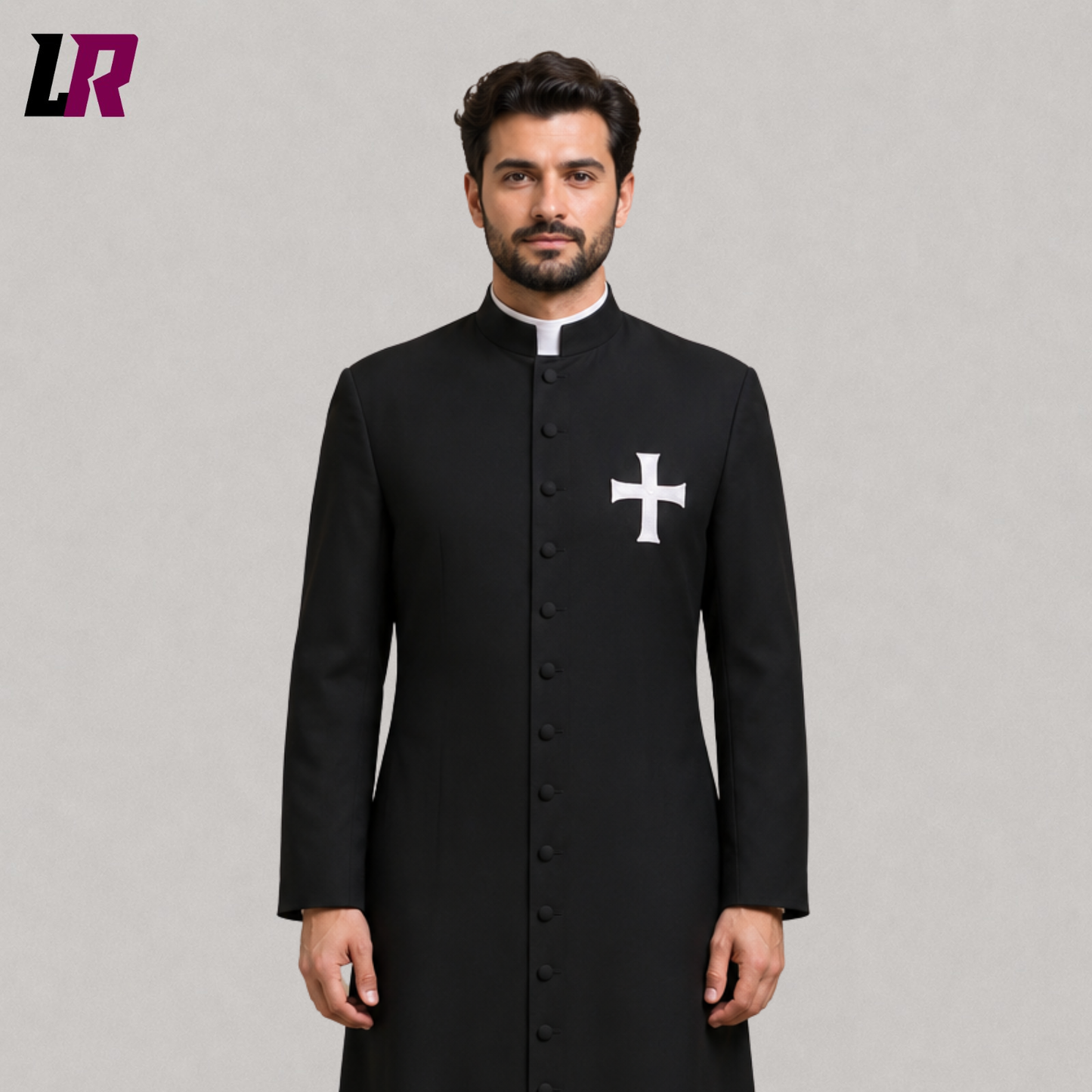 Close-up of a custom black priest cassock featuring an embroidered cross, premium tailoring, and handcrafted liturgical detailing