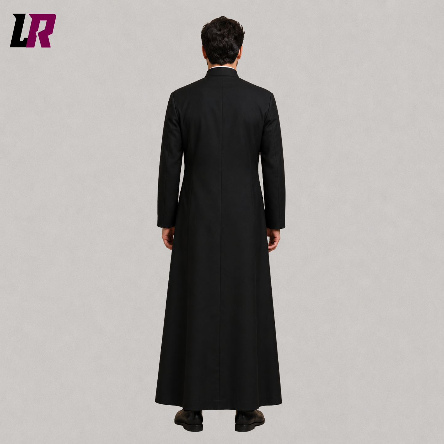 Back view of a custom black clergy cassock showing the elegant full-length tailored silhouette