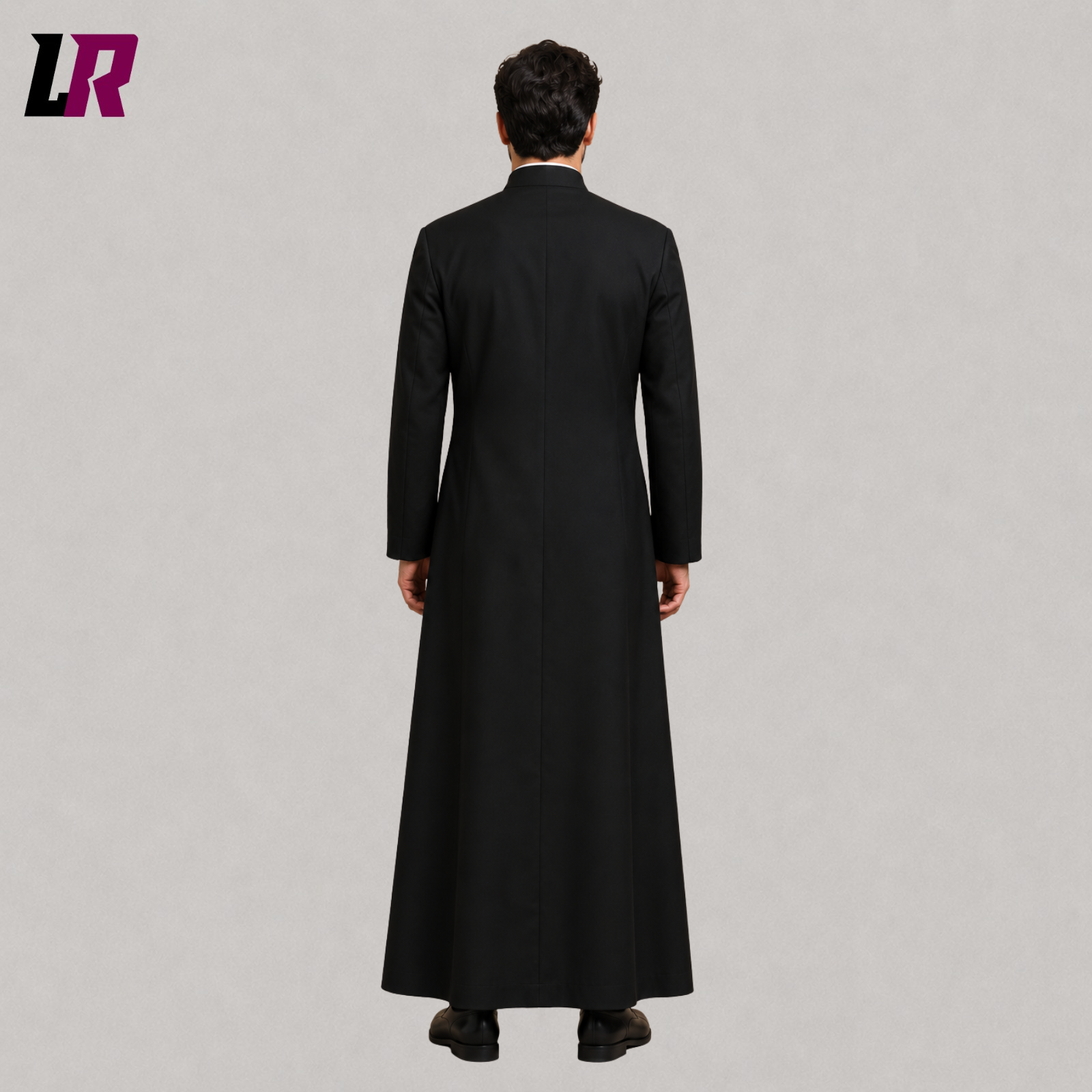 Back view of a custom black clergy cassock showing the elegant full-length tailored silhouette