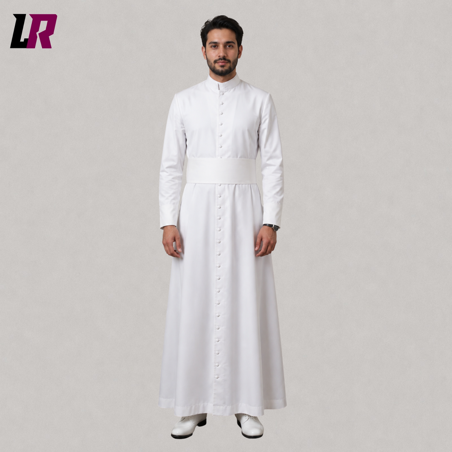 Front view of a white Roman Catholic priest cassock with a full-length traditional clergy robe design