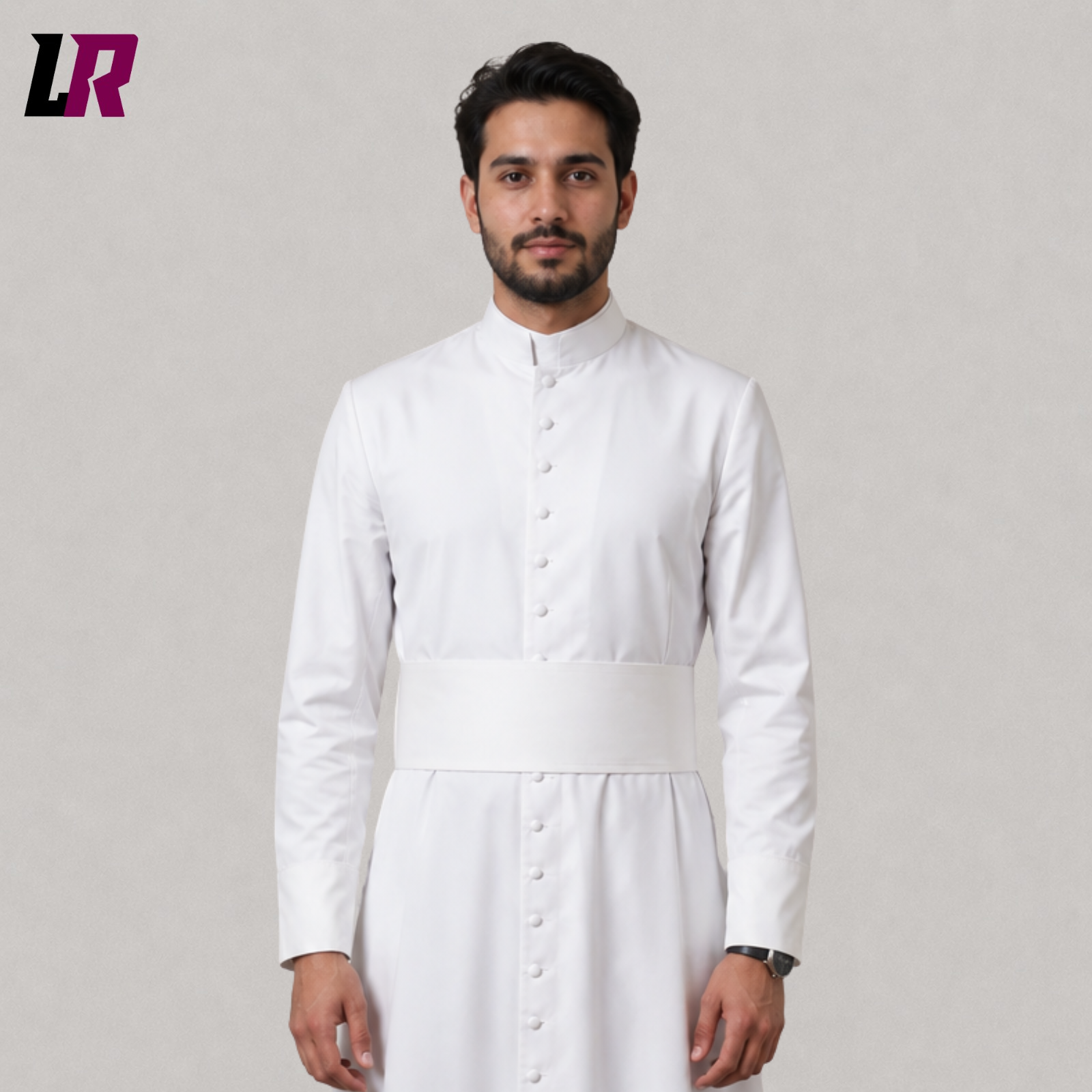 Close-up of a white Roman priest cassock featuring premium tailoring, elegant front detailing, and handcrafted clerical craftsmanship