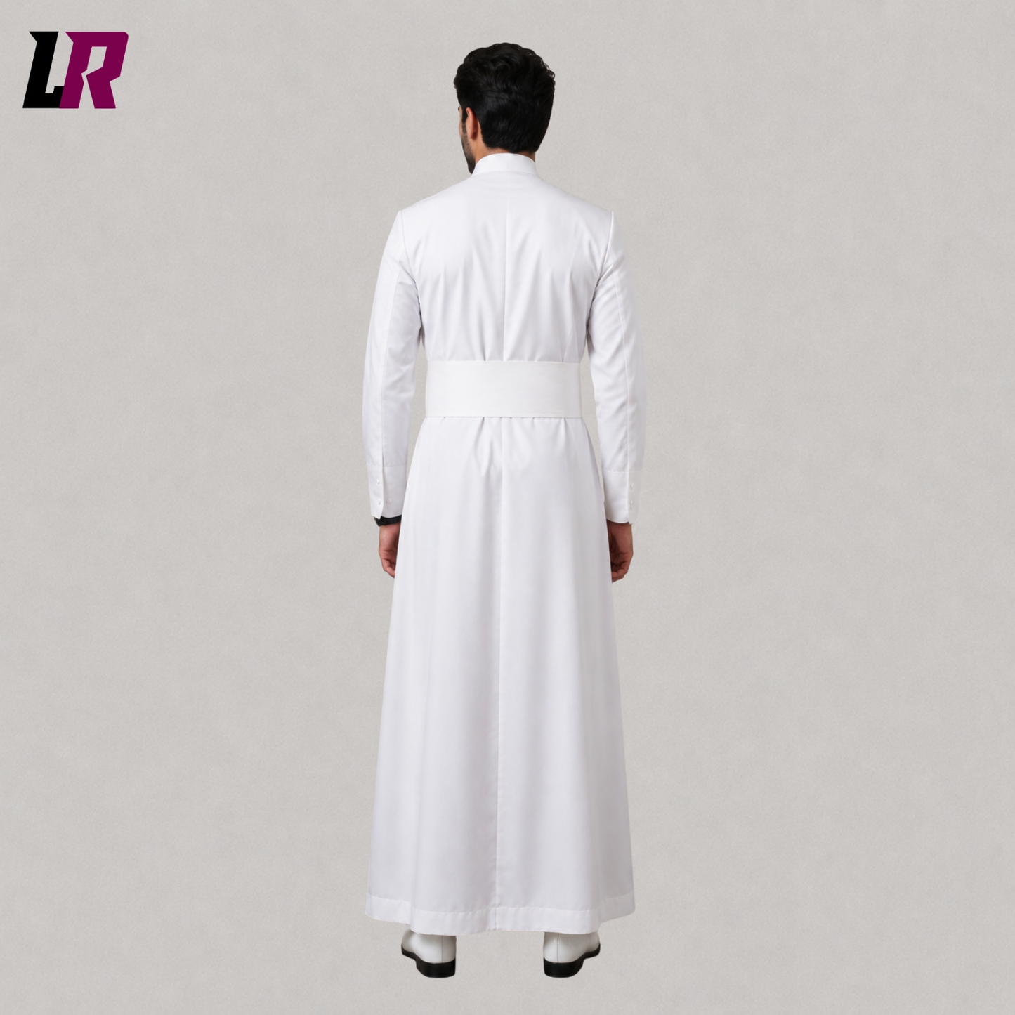 Back view of a custom white Roman clergy cassock showing the elegant full-length tailored silhouette