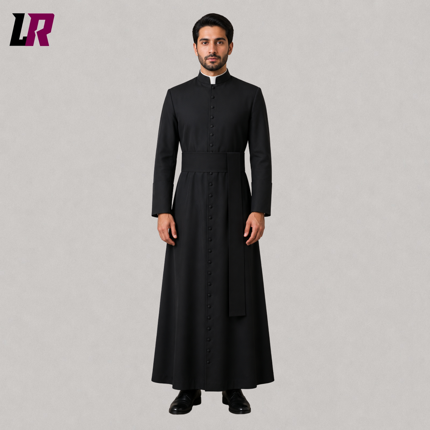 Front view of a black Catholic clergy cassock with a full-length traditional priest robe design