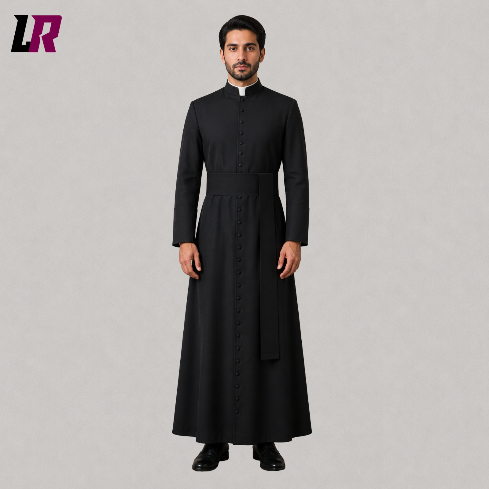 Front view of a black Catholic clergy cassock with a full-length traditional priest robe design