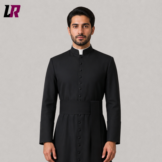 Close-up of a black priest cassock featuring premium tailoring, elegant front detailing, and handcrafted liturgical craftsmanship