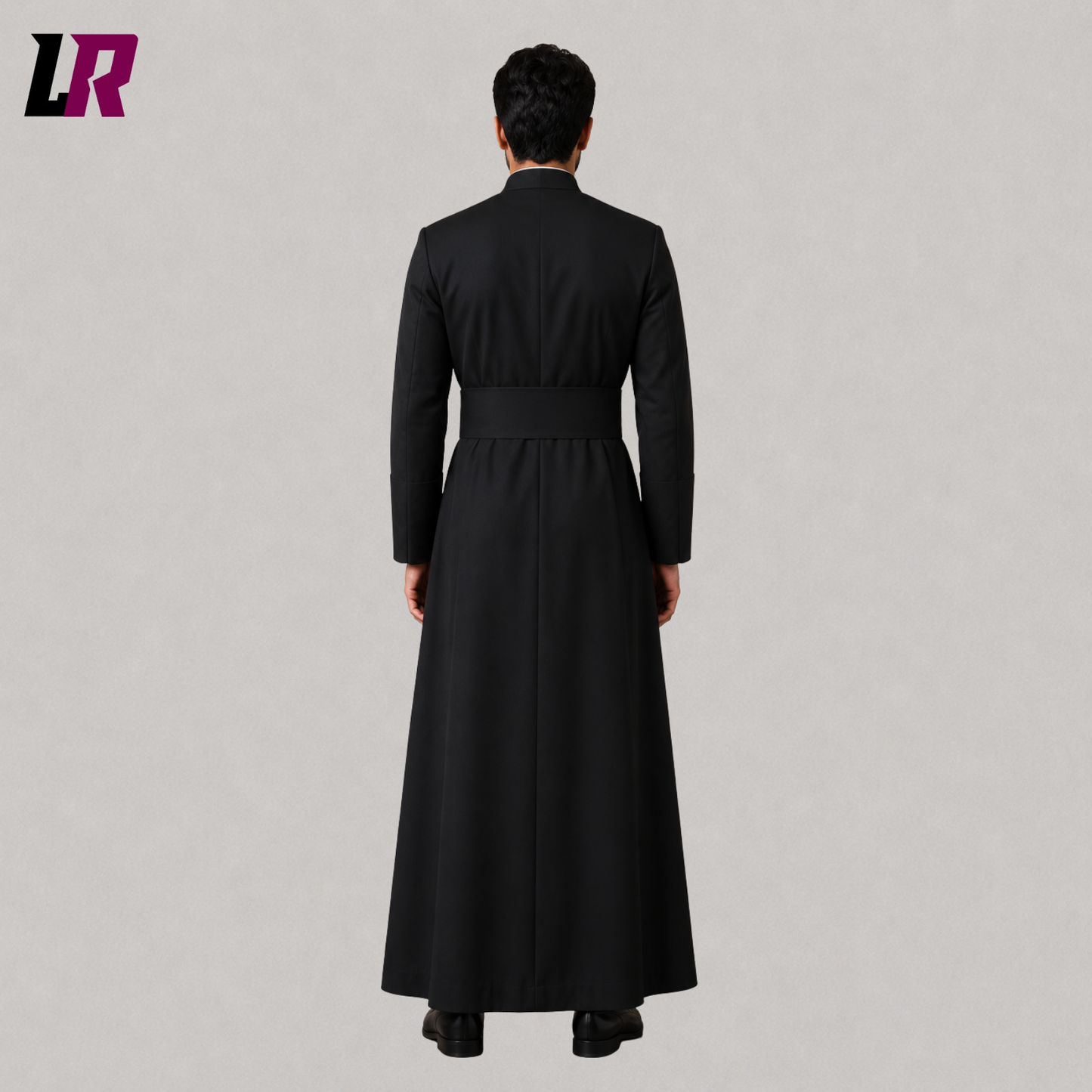 Back view of a handmade black priest cassock showing the elegant full-length tailored silhouette