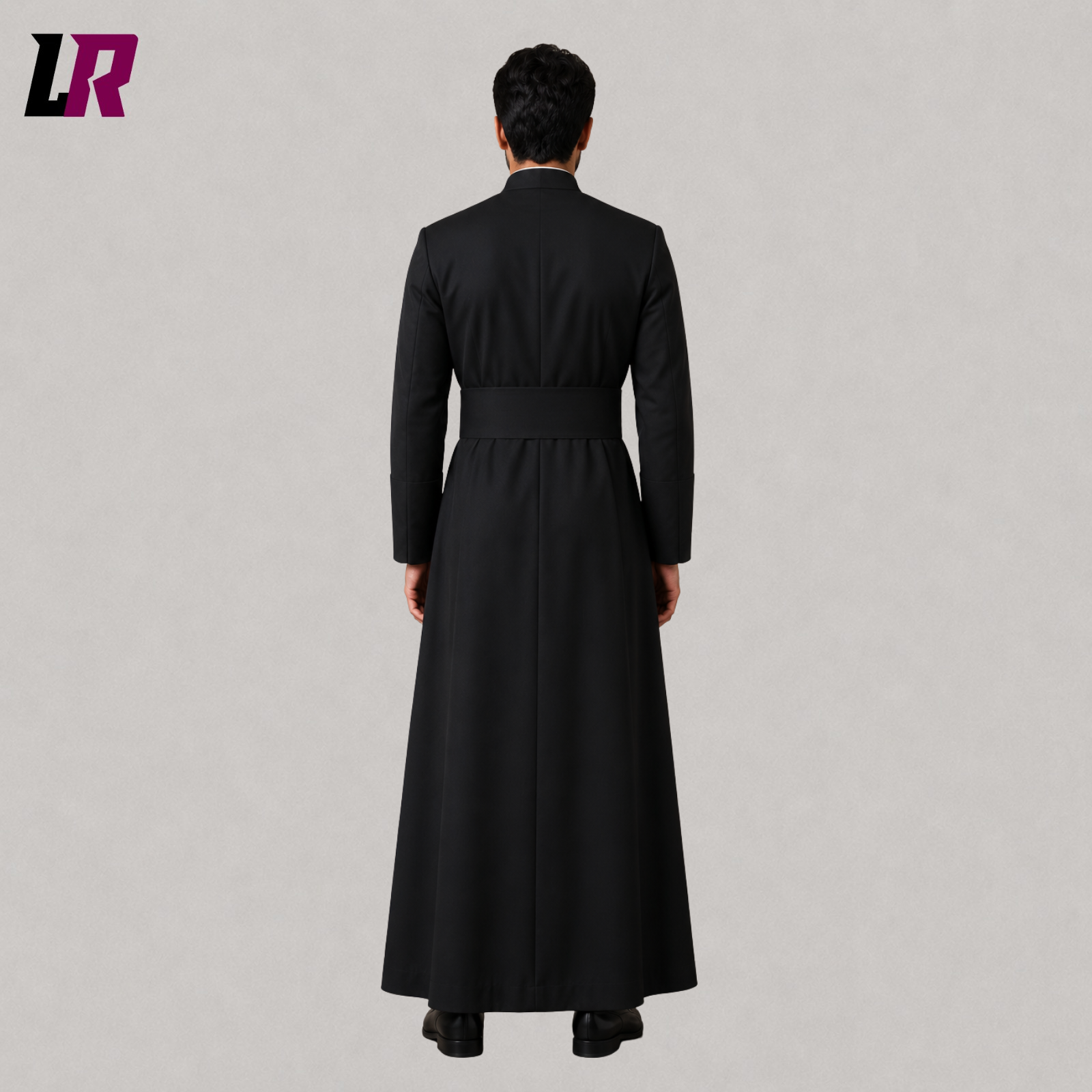 Back view of a handmade black priest cassock showing the elegant full-length tailored silhouette