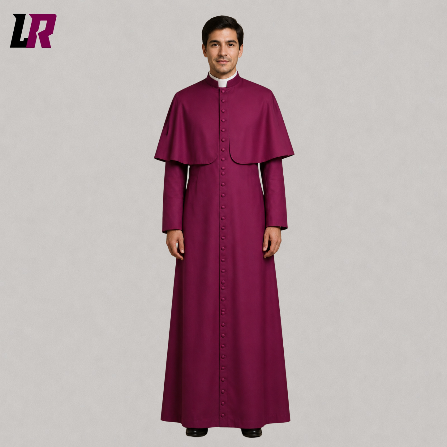 Front view of a full-length purple Catholic bishop cassock with shoulder cape Pellegrina and elegant button closure