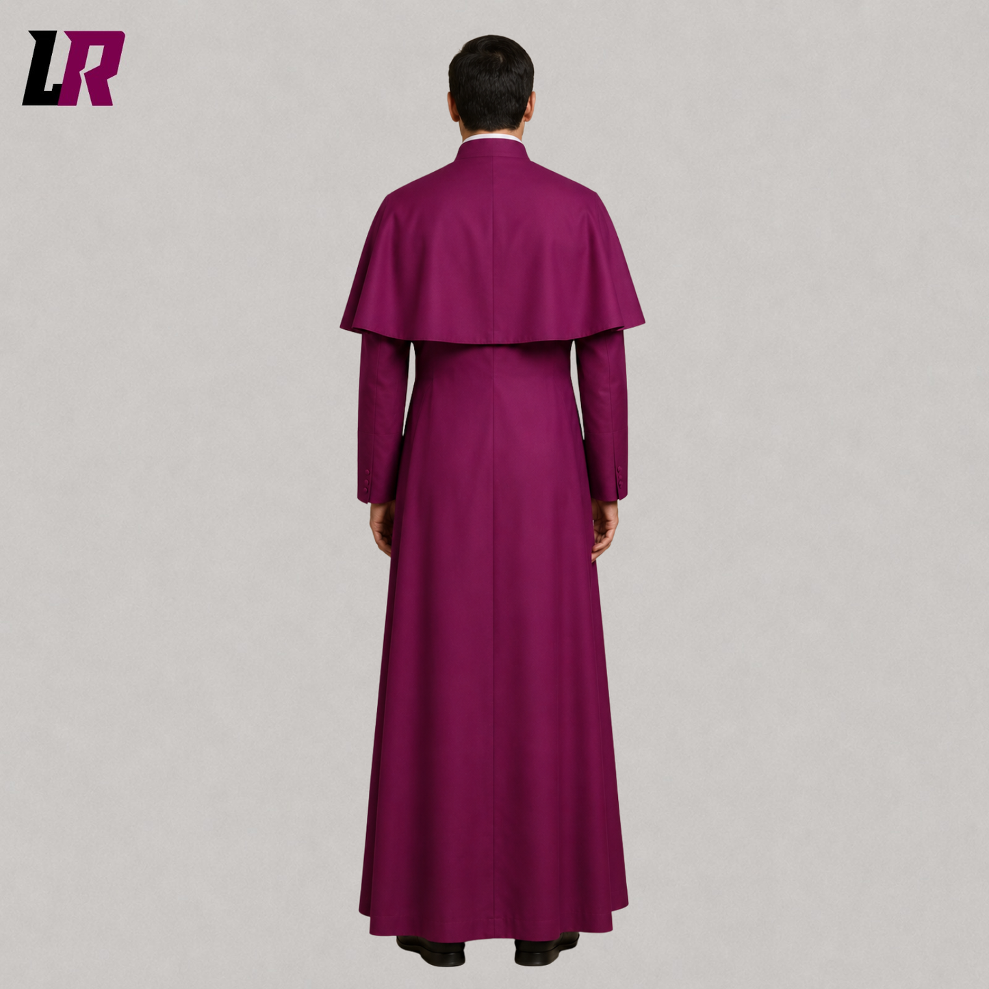 Back view of a purple bishop clergy robe showing the attached Pellegrina and full-length tailored silhouette