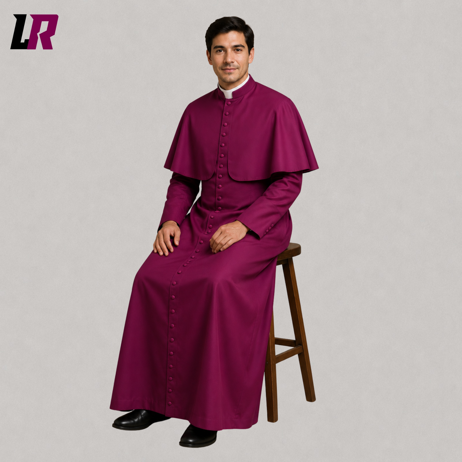 Catholic bishop sitting on a stool wearing a custom purple cassock with Pellegrina for church services and liturgical ceremonies