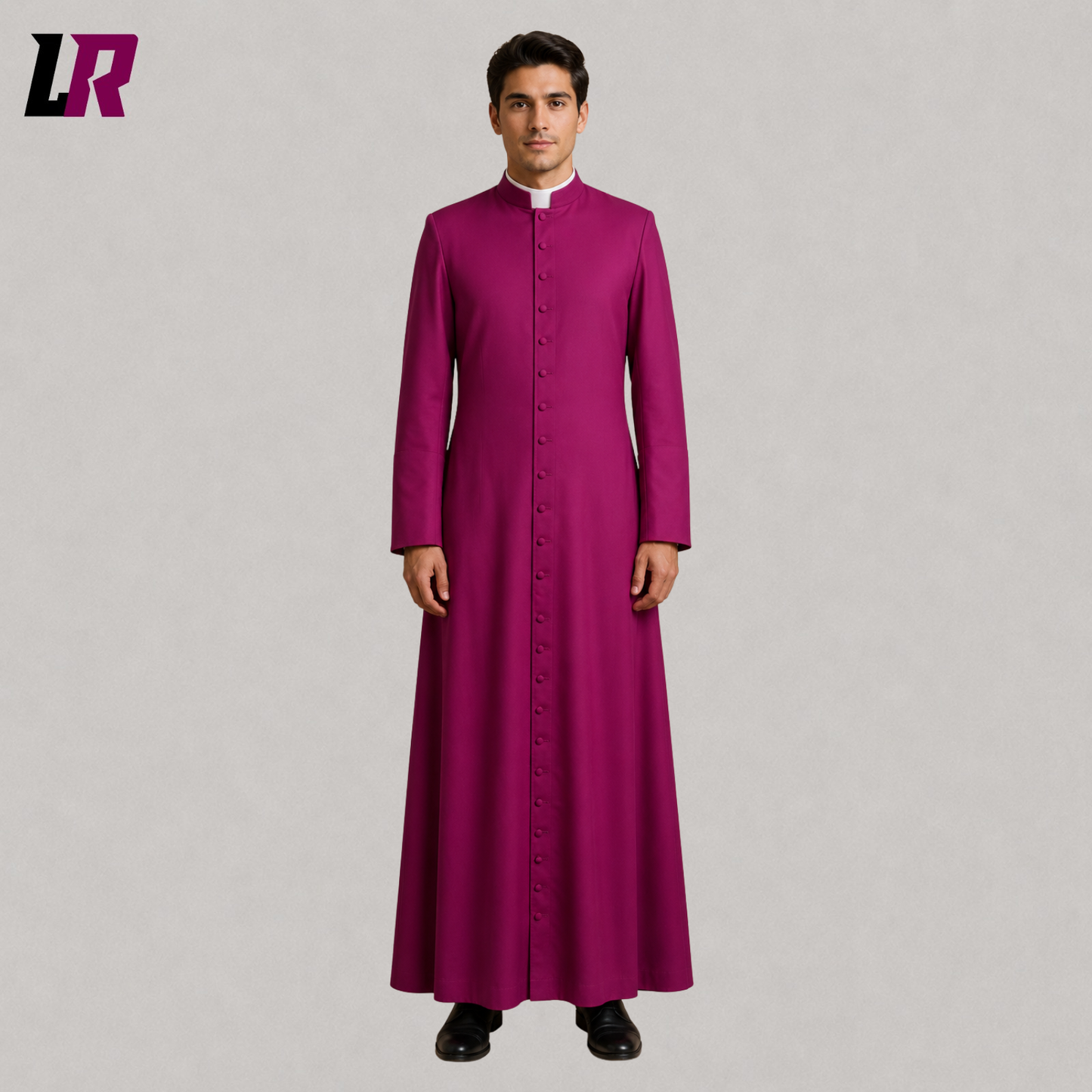 Front view of a full-length purple Anglican and Catholic clergy cassock with elegant buttoned design