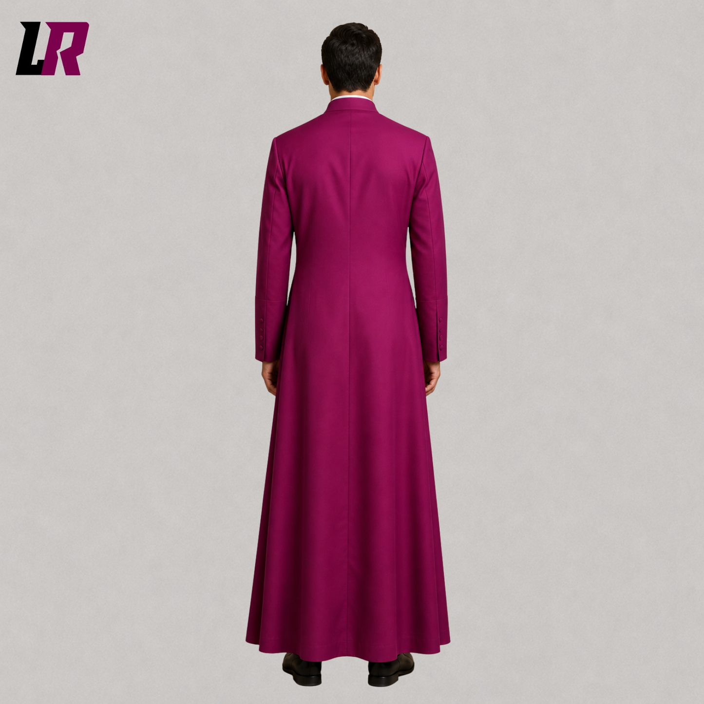 Back view of a custom purple clergy cassock showing the full-length tailored silhouette