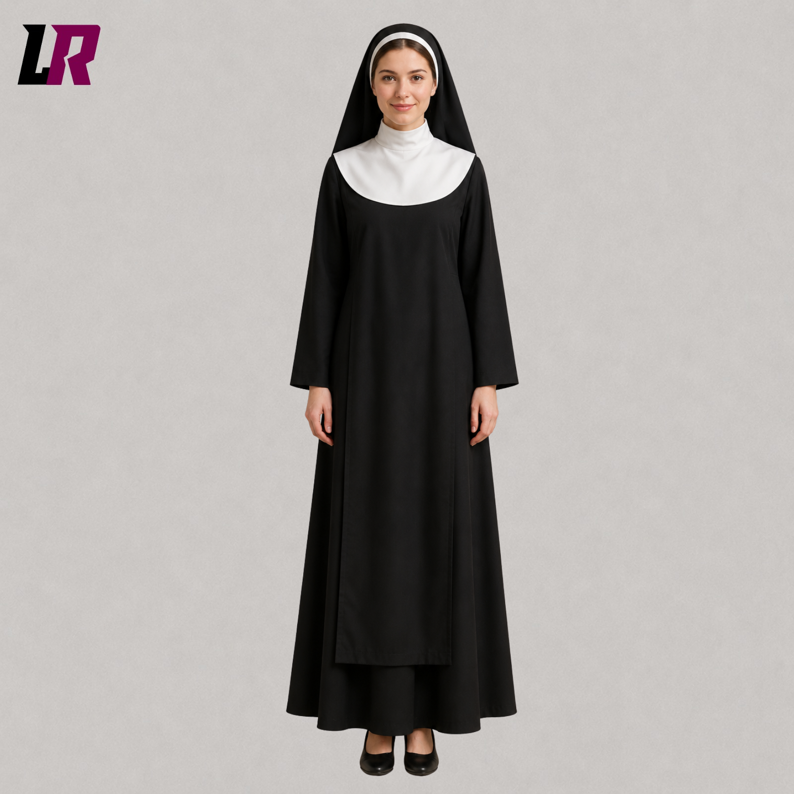 Front view of a women's full-length black nun-inspired costume with matching headpiece