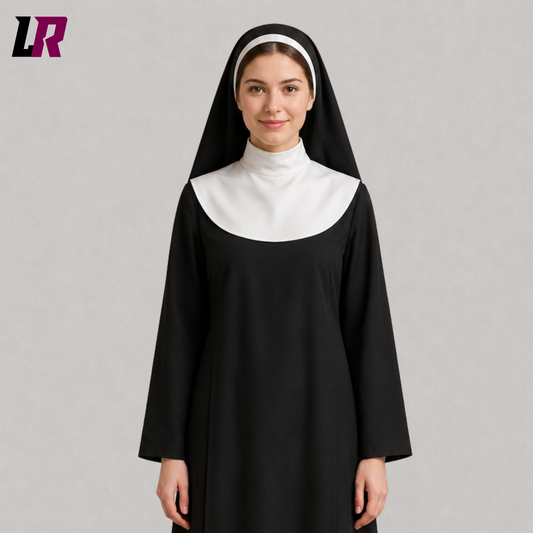 Close-up of a women's black nun-inspired costume featuring premium tailoring and matching headpiece