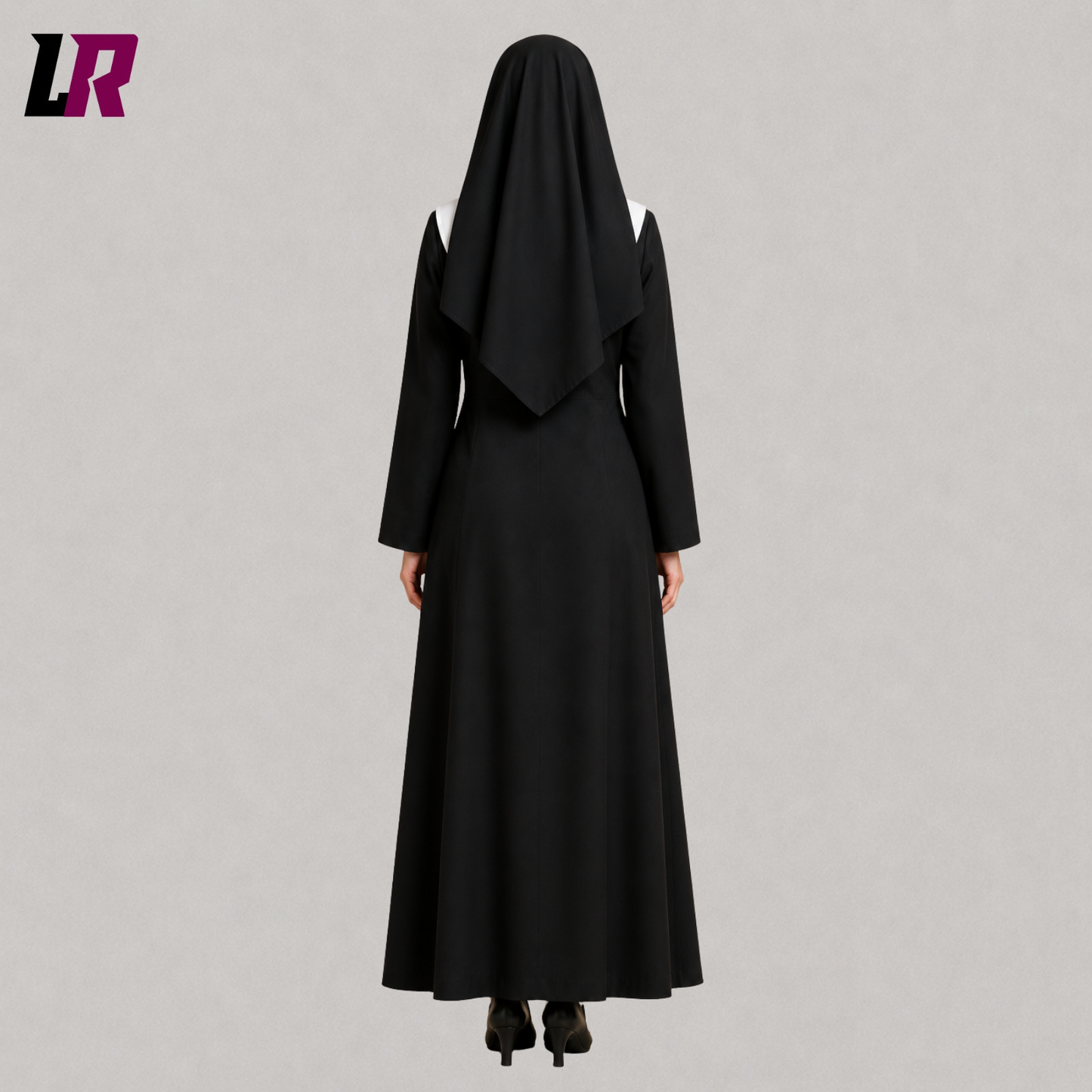 Back view of a women's black costume robe showing the elegant full-length silhouette