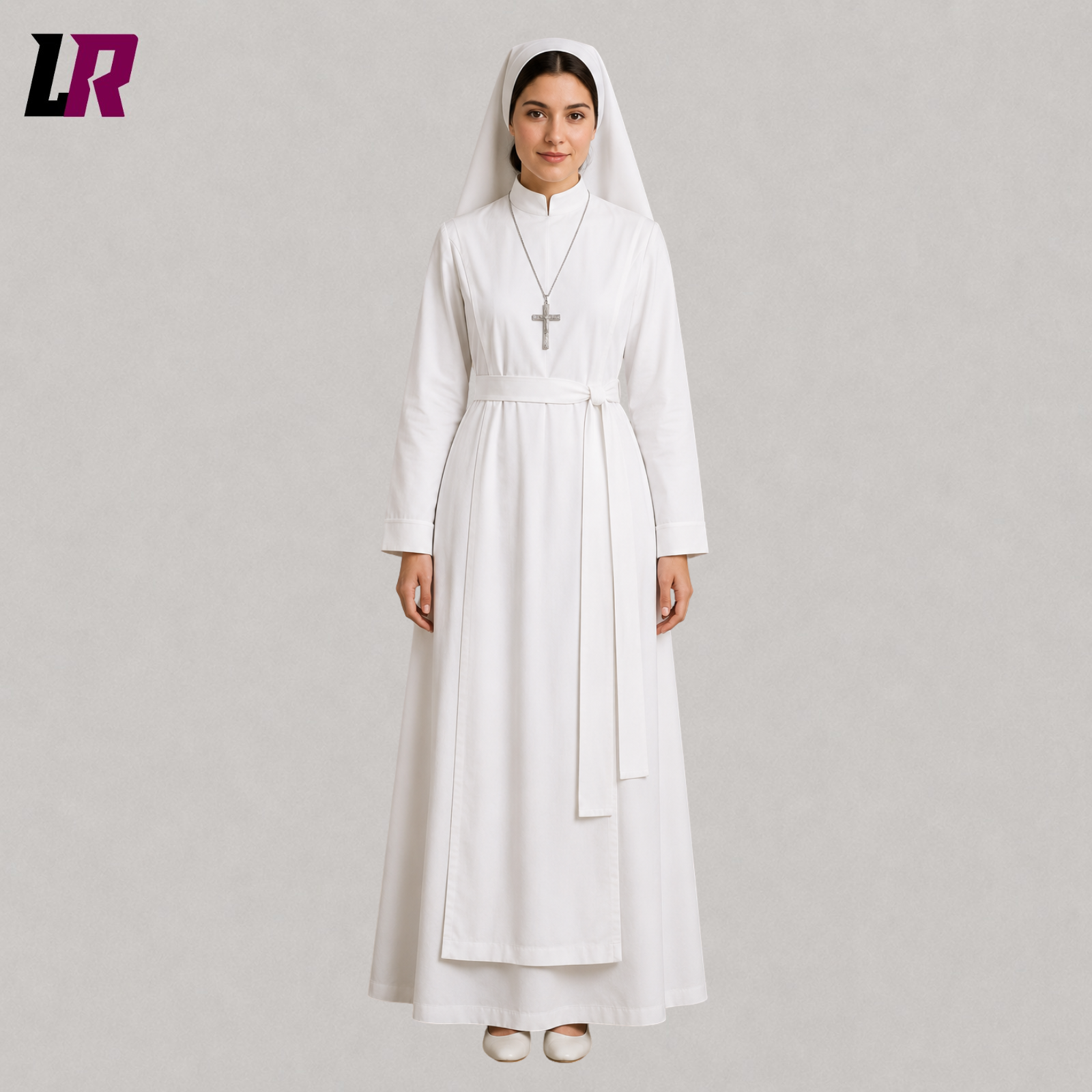Front view of a women's white full-length nun-inspired dress with matching headpiece