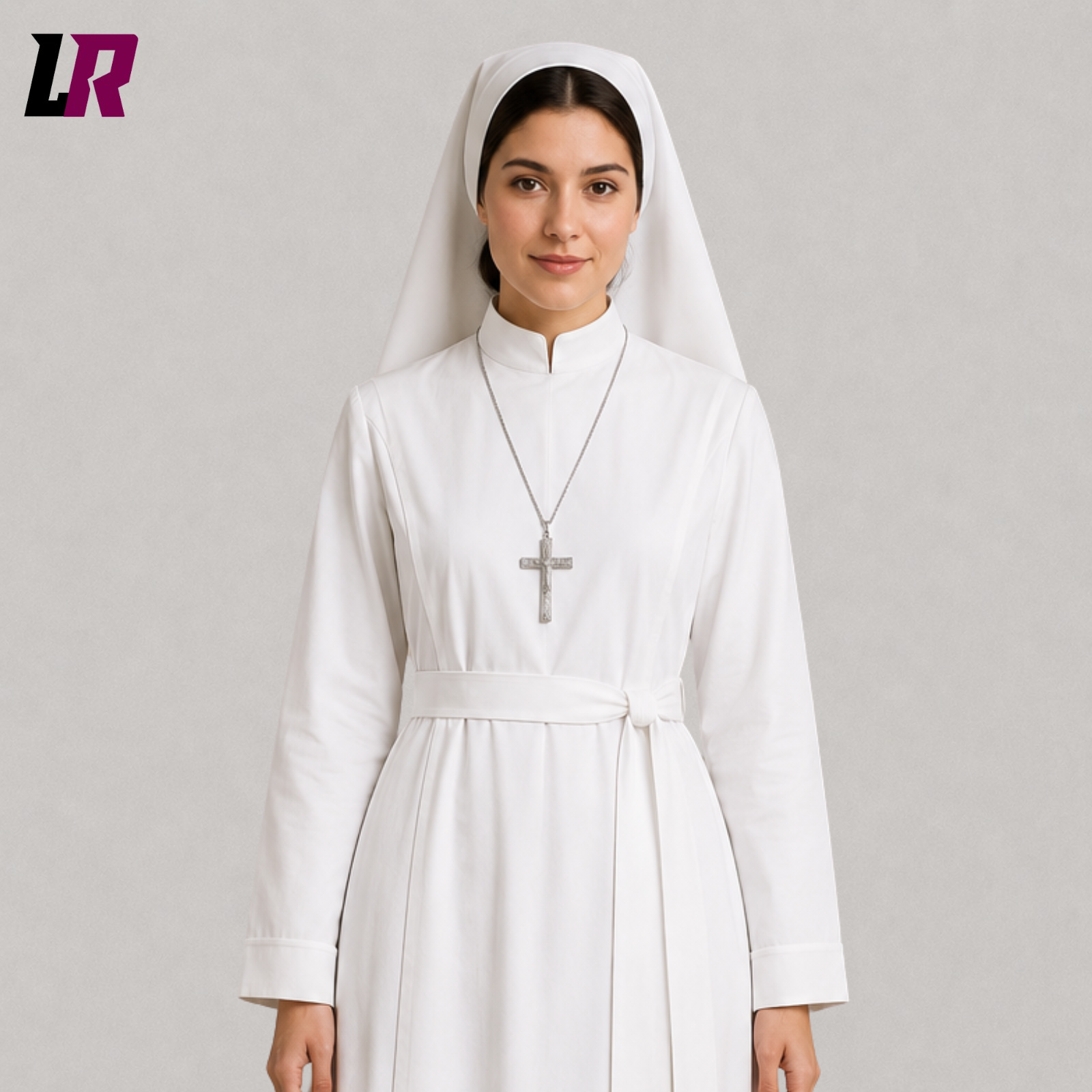 Close-up of a women's white nun-inspired costume featuring premium tailoring and a matching headpiece