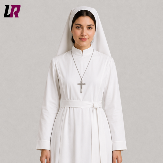 Close-up of a women's white nun-inspired costume featuring premium tailoring and a matching headpiece