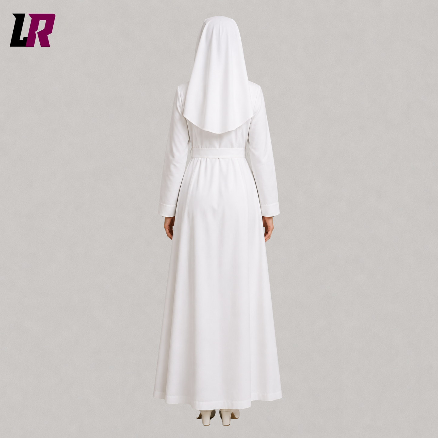 Back view of a white religious-inspired costume showing the elegant flowing silhouette