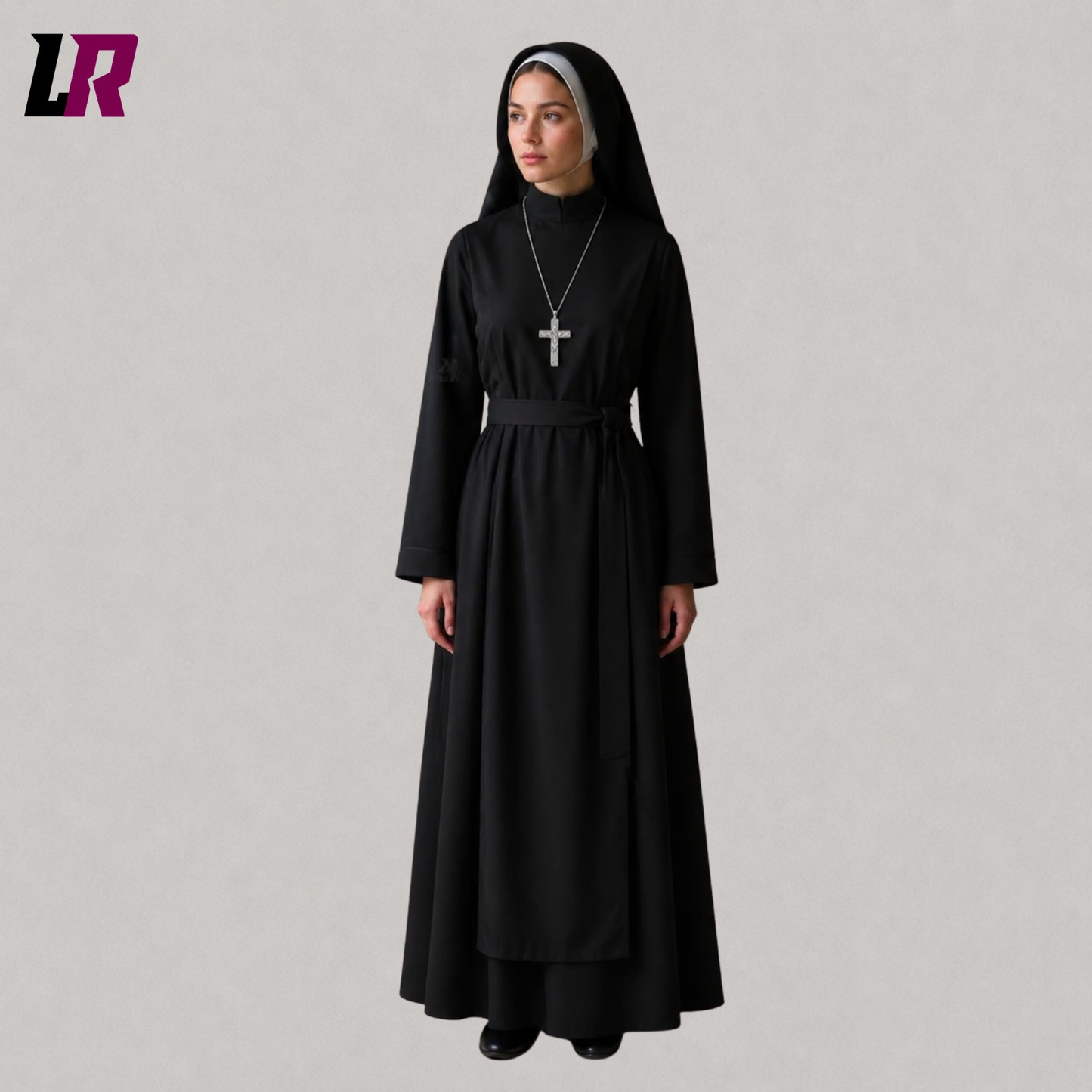 Front view of a women's black nun habit dress with a full-length robe and matching veil