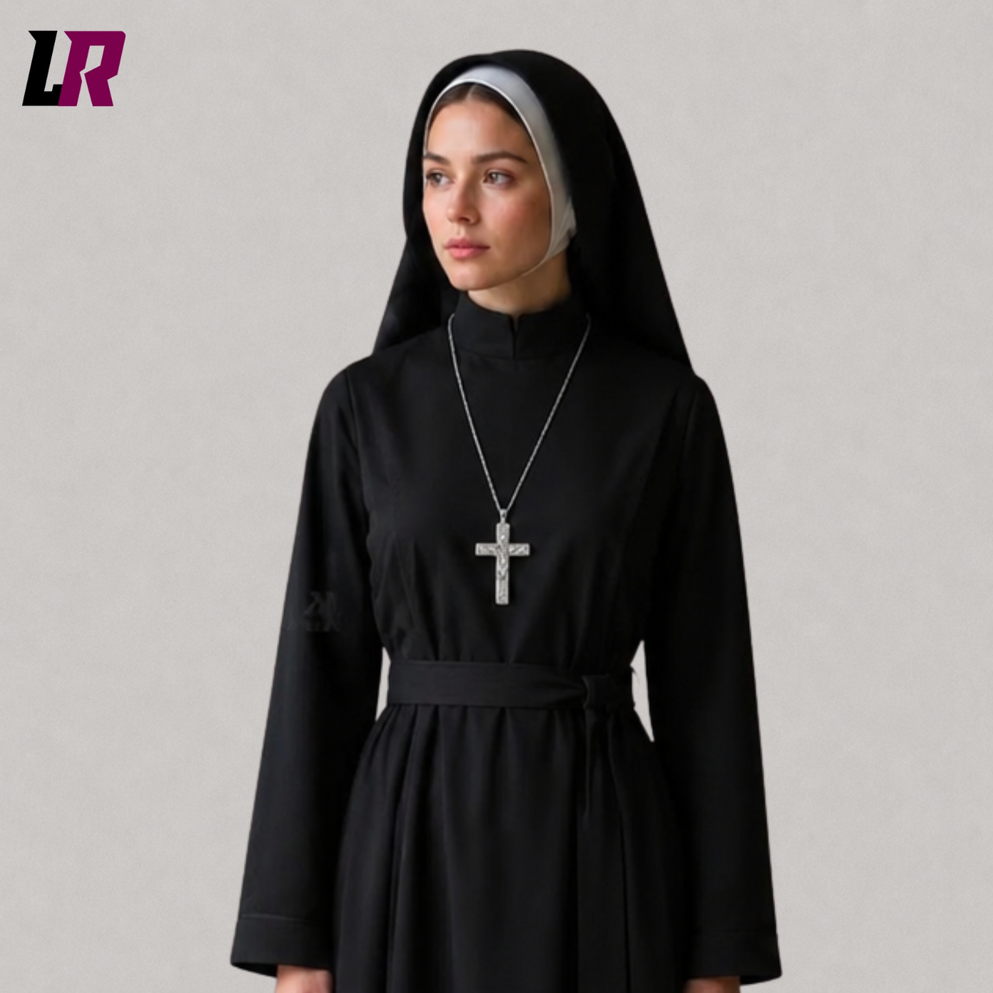 Close-up of a black nun habit dress featuring premium tailoring and a matching traditional-style veil