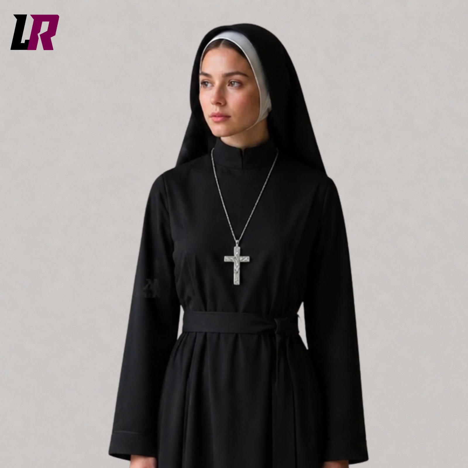 Close-up of a black nun habit dress featuring premium tailoring and a matching traditional-style veil