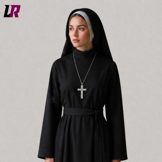 Close-up of a black nun habit dress featuring premium tailoring and a matching traditional-style veil