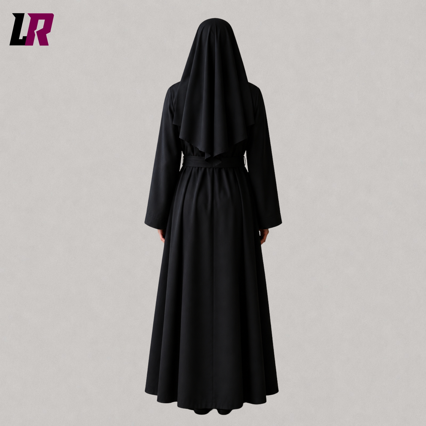 Back view of a traditional-style black nun habit dress showing the elegant flowing silhouette